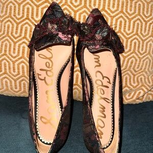 Sam Edelman Brocade Black and Pink Loafer Flats with Birds